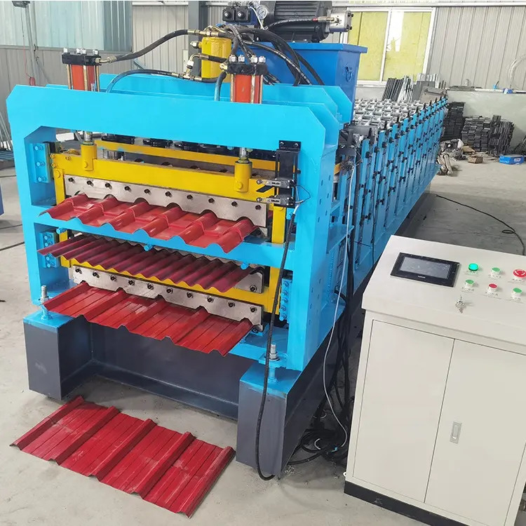 Drei Schichten gewölbte Trapez-Stahl-Dach-Rollformmaschine Metall-Eisen-Dachblechherstellung